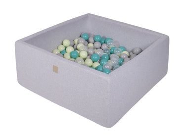 Vierkante ballenbak - Licht grijs met Turquoise, Licht groene, Grijze en Transparante ballen